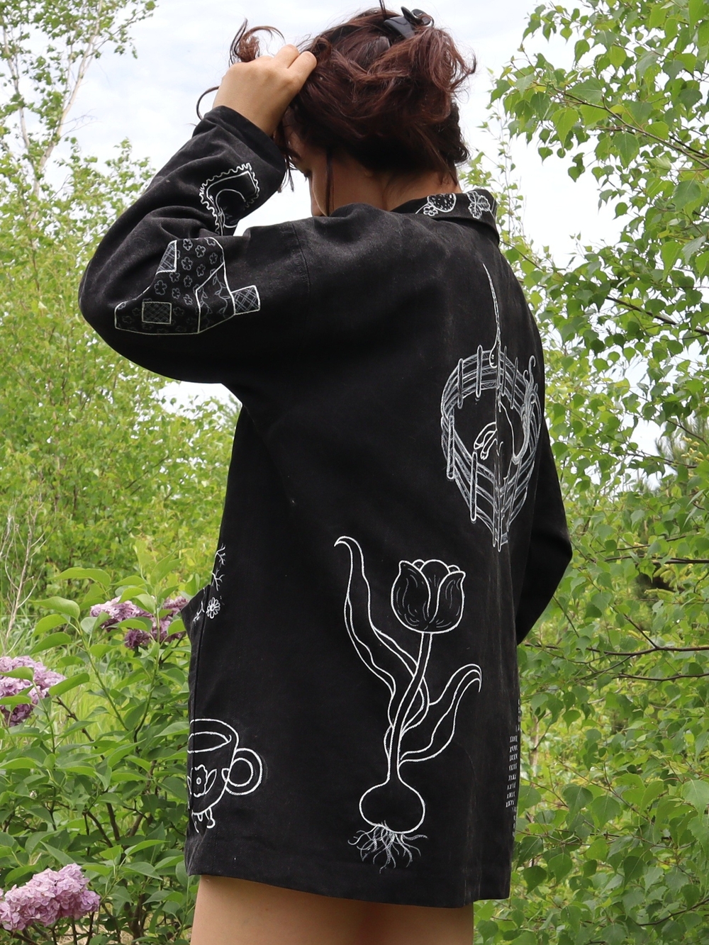 Upcycled Black Denim Jacket with White Folk Art Drawings L • XL - Picture 13 of 16